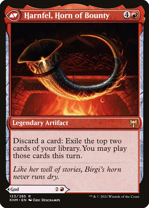 Birgi, God of Storytelling // Harnfel, Horn of Bounty — art by Eric Deschamps